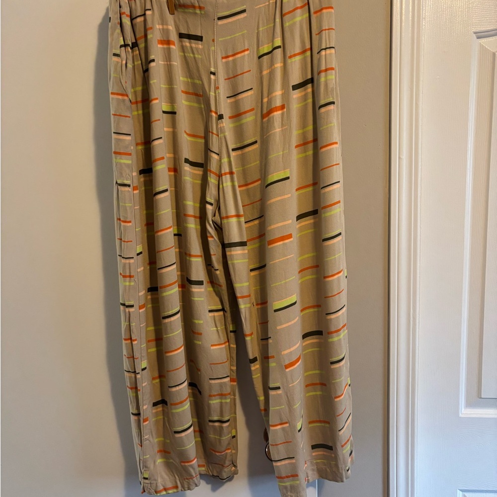 Tan and Orange Striped Lounge Pants with Elastic Waistband